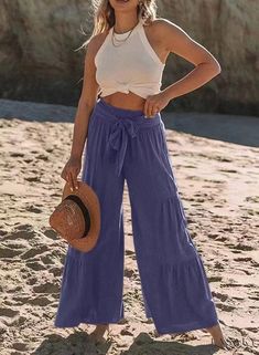 Lasaky - Chic Casual High-Waisted Wide-Leg Pants Flared Palazzo, Trendy Pants, Loose Trousers, High Waist Fashion, Beach Pants, Linen Style, Shopping Ideas, Pantalon Large, Loose Pants