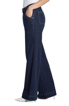 A tailored high waist and modern wide leg take these denim trousers and your workwear wardrobe to the next level. 27 3/4" to 33 3/4" inseam 95% cotton, 4% polyester, 1% spandex Machine wash, tumble dry Imported Classic Medium Wash Bottoms For Work, Dark Wash Full Length Flare Jeans, Dark Wash Wide Leg Pants For Work, Modern Wide Leg Work Jeans, Modern Wide Leg Jeans For Work, Denim Wide Leg Pants For Work, Classic Dark Wash Wide Leg Pants, Classic Dark Wash Full-length Pants, Full-length Denim Flare Jeans For Work