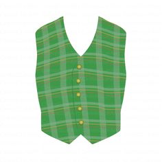 a green plaid vest with buttons on the front and back, is shown in full view