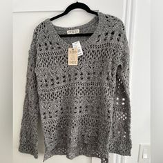 Grey Crochet Knit Sweater Item# Pf524880 Medium Heather Grey Casual Knit Sweater With Crochet Lace, Casual Crochet Lace Crew Neck Sweater, Casual Crochet Lace Knit Sweater, Casual Crew Neck Sweater With Crochet Lace, Fall Crochet Lace Crew Neck Sweater, Casual Winter Crochet Lace Top, Casual Crochet Lace Top For Winter, Knit Sweater With Crochet Lace Crew Neck, Crochet Lace Knit Sweater With Crew Neck