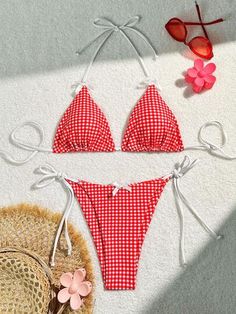 SHEIN USA Gingham Swimwear For Sunbathing During Beach Season, Plaid Triangle Top Beachwear Swimwear, Plaid Triangle Top Swimwear For Beachwear, Plaid Beachwear Swimwear, Gingham Triangle Top Swimwear For Pool, Plaid Beachwear Swimwear For Beach Season, Plaid Beachwear For Beach Season, Plaid Swimwear For Pool In Beachwear Style, Plaid Swimwear For Pool And Beach Season