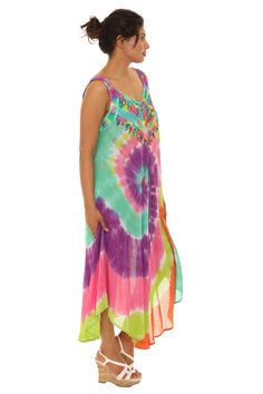 Beat the heat with this Boho multi-color spiral tie-dye dress. Nothing says gorgeous like this 100% rayon dress. Embroidered Neckline, modern effect make it easy to wear. It is a casual A-line dress. If you’re hitting the beach, going to brunch, traveling to a tropical destination, or just going on a shopping trip around the block, this dress is certainly for you. Spiral Tie-Dye Straps with embroidery Sleeveless A Relaxed, Comfy & Soft Dress Perfect For Everyday Wear Fabric Content:100%Rayon Mac Flowy Multicolor Sleeveless Dress For Spring, Multicolor Sleeveless Beach Dress For Summer, Multicolor Sleeveless Sundress For The Beach, Colorful Sleeveless Beach Dress, Colorful Sleeveless Summer Dress For Beach, Flowy Multicolor Sleeveless Summer Dress, Colorful Sleeveless Summer Dress For Vacation, Colorful Sleeveless Maxi Dress For Summer, Green Rayon Beach Sundress