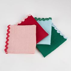 Our green, pink and red fabric napkins, with ric rac details, are perfect for Christmas tableware. Coloring Party, Christmas Colours, Fabric Napkins, James River, Fabric Napkin, Fabulous Christmas, Meri Meri, Pixie Styles, Christmas Napkins