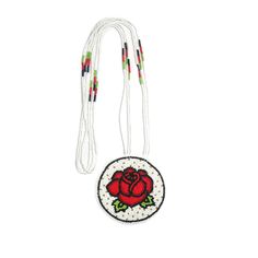 a white beaded necklace with a rose on the front and red roses on the back