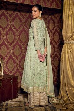 Pistachio green anarkali with floral lace embroidery. Paired with a palazzo and dupatta. - Aza Fashions Floral Anarkali, Green Anarkali, Women Kurta, Palazzo Set, Pistachio Green, Lace Embroidery, Set Women, Anarkali, Aza Fashion