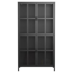 a black bookcase with glass doors on the front and bottom shelves, against a white background