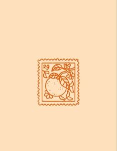 an orange stamp on a beige background with the image of a fruit and leaves in it