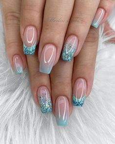 Ombre Nail - Ocean Blue Nail Ombre Nail Design, Ombre Nails Glitter, Ombre Nail Designs, Bride Nails, Bridal Nails, Fancy Nails, Short Acrylic Nails, Nail Designs Summer