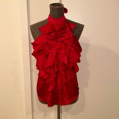 Excellent Condition- Never Worn - Ties In Back Lying Flat- Underneath Arms -18.5in 22 Red Ruffled Tops For Evening, Fitted Silk Top For Date Night, Silk Top For Summer Date Night, Fitted Silk Blouse For Date Night, Silk Ruffle Tops For Night Out, Silk Ruffled Top For Night Out, Red Silk Sleeveless Top, Magenta Blouse, Peach Cardigan