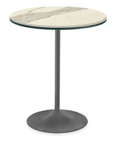 a round table with a white marble top and grey metal base, viewed from the front