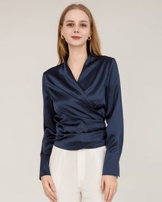 Type: Women's silk shirt.Material: 22 Momme Luxury Mulberry Silk. Features: Satin, wear-resistant and stylish.Details: Classic Solid Color, Designed Long Sleeves, Regular Fit. Prepare to make a statement with our Silk Long-Sleeve Wrap Shirt – a true embodiment of sophistication. Crafted from the finest silk, this shirt not only epitomizes luxury but also captivates with its pleats and tie-belt detailing. Wrap yourself in the delicate folds of this shirt, and feel the luxurious caress of silk aga Satin Shirts For Women Outfit, Womens Silk Shirts, Blouse Inspiration, How To Wash Silk, Satin Shirts, Silky Shirt, Women Blouses Fashion, Match Colors, Silk Sleepwear