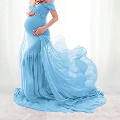 Sky Blue, Off The Shoulder, High Low Dress, Chiffon, 100% Polyester, Semi-Sheer, Medium Stretch. Never Worn Only Put On To Take Picture Blue Baby Shower Dress For Mom, Blue Baby Shower Dress, Photography Color, Baby Shower Dresses, Dress Chiffon, Blue Baby Shower, Long Train, Chiffon Gown, Put On