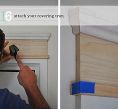 a man is attaching the covering trim on a door with a screwdriver