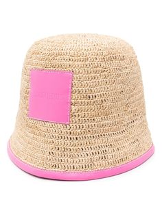 Get ready for some serious style with this woven raffia bucket hat. The leather trim and gold-tone hardware add a touch of luxury, while the press stud-fastening tab makes it easy to adjust for the perfect fit. Beige/pink woven raffia design Leather trim Flat crown with dropped wide brim | Jacquemus Women's Le Bob Soli Bucket Hat in Fuchsia | Size 60 | 245AC642 Bucket Hat Women, Contrasting Trim, Woven Raffia, Crossbody Tote Bag, Fuchsia Color, Scarf Hat, Crossbody Tote, Leather Logo, Clutch Handbag