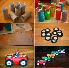 paper roll crafts for kids to make and play on the floor, including construction vehicles