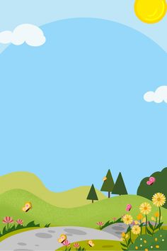 an image of a cartoon landscape with flowers and trees