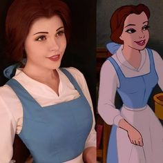 an animated image of a woman in a blue and white dress, next to the same character from beauty and the beast