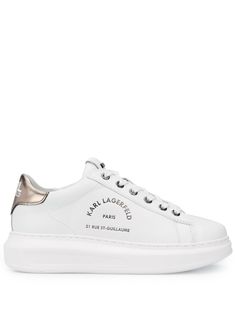 White leather/rubber Kapri logo low-top sneakers from KARL LAGERFELD featuring logo print to the side, logo patch at the tongue, contrasting heel counter, front lace-up fastening, round toe and flat sole. | Karl Lagerfeld Paris Kapri logo low-top sneakers Karl Lagerfeld Shoes, Aesthetic Shoes, Karl Lagerfeld Paris, Curator Style, Sneakers White, Leather Sneakers, Karl Lagerfeld, Logo Print, White Leather