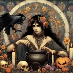 a painting of a woman holding a caulder surrounded by skulls, candles and flowers