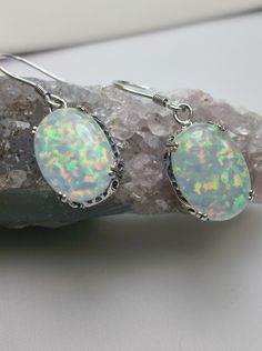 Opal earrings, floral filigree, Edwardian vintage jewelry, Silver Embrace jewelry Nickel-free Oval Opal Jewelry, Oval Opal Jewelry With Matching Earrings, Oval Opal Earrings For Formal Occasions, Formal Oval Opal Earrings, Opal Earrings Vintage, Amazing Earrings, Floral Filigree, Edwardian Jewelry, Edwardian Style