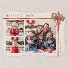 a family christmas card with three photos and a red ribbon on the front, featuring an ornament that says happy holidays