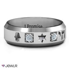 a wedding band with three diamonds and the words i promise written on it in white gold