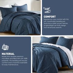 the comforter is blue and has white trim on it, along with matching pillows