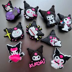 Enhance Your Crocs Or Other Clog Type Sandals With A Touch Of Rebellious Cuteness! This Set Of 10 Kuromi Sanrio Jibbitz Style Charms Is Perfect For Adding A Dash Of Style And Personality To Your Favorite Footwear. Whether You're A Fan Of Kuromi Or Simply Love All Things Sanrio, These Jibbitz Are A Must-Have Accessory. Each Charm Features Vivid Colors But Mostly Goth Or Emo Black And Intricate Detailing That Brings Kuromi To Life. These Are Easy To Use, You Simply Push Them Into The Holes Of Your Crocs Or Other Compatible Shoes For A Secure Fit. Mix And Match These Charms To Create A Unique Look That Suits Your Mood And Style. Whether You're A Collector Or Just Looking To Personalize Your Sanrio Jibbitz, Crocs With Jibbitz, Kuromi Sanrio, Black Crocs, Shower Slippers, Crocs Fashion, Crocs Clog, Hello Kitty Halloween, Glitter Sandals