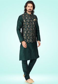 Art Silk Kurta in Dark Green This Readymade attire is Enhanced with Buttons and Pockets. Crafted in Chinese Collar Neck and Full Sleeve Available with an Art Silk Churidar in Dark Green and an Art Silk Jacquard Nehru Jacket in Dark Green Do note: Footwear shown in the image is for presentation purposes only. Half to one inch may vary in measurement. (Slight variation in actual color vs. image is possible) Kids Kurta Pajama, Silk Churidar, Colored Weave, Chinese Collar, Nehru Jacket, Silk Kurta, Utsav Fashion, Beautiful Suit, Kurta Pajama