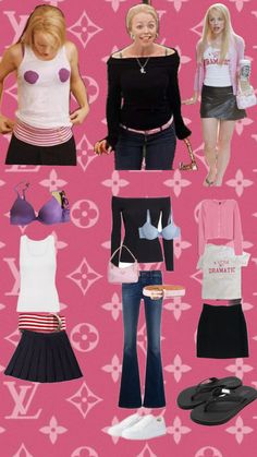 a collage of women's clothes and shoes on a pink background with hearts