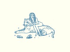 a drawing of a woman sitting on top of a tiger laying next to a beer bottle