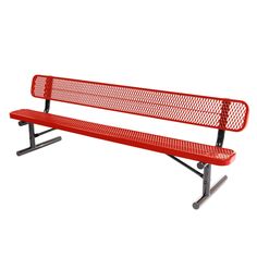 a red park bench sitting on top of a metal frame