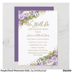 the purple and gold floral wedding card is displayed on a marble surface with text that reads, we still do and always will