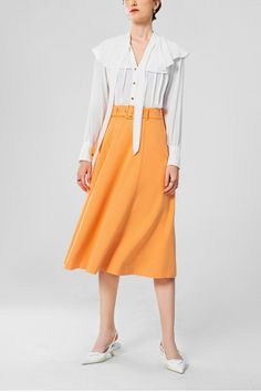 Women's Hann A-line Flared Twill Midi Skirt S/M/L Pastel Orange MEAN BLVD Chic A-line Pleated Skirt, Summer Workwear Knee-length Skirt, Chic Long Pencil Skirt For Fall, Chic A-line Maxi Skirt With Relaxed Fit, Chic A-line Maxi Skirt With Lining, Chic A-line Lined Maxi Skirt, Chic A-line Maxi Skirt For Work, Chic A-line Skirt For Semi-formal Occasions, Fitted Maxi Skirt For Fall Workwear