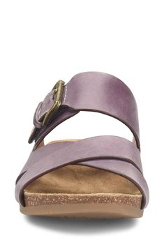 Buckle and crisscross straps shape the look of this comfort-focused sandal that has a Pillowtop® memory foam footbed and arch support. Memory foam-cushioned footbed with arch support Leather upper/leather and synthetic lining/synthetic sole Imported Purple Cushioned Slip-on Sandals, Purple Leather Slip-on Sandals, Purple Synthetic Sandals With Cushioned Footbed, Purple Sandals With Cushioned Footbed, Comfortable Purple Synthetic Sandals, Purple Sandals With Heel Loop And Round Toe, Purple Round Toe Sandals With Heel Loop, Purple Leather Sandals With Buckle Closure, Comfortable Purple Sandals With Cushioned Footbed