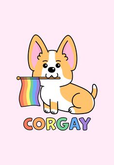 a cartoon dog holding a rainbow flag with the word corgy on it's chest