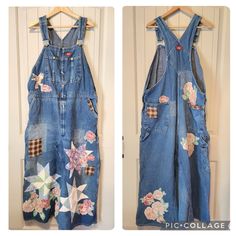 Vintage Workwear Dickies Overalls Converted Into A Dress. Thoughtfully Embellished With Handmade Appliqus And Patches All From Upcycled Vintage Materials. Fits A Size Small - Medium Actual Measurements: Waist (Across Banded Middle) 22" Length (From Top Of The Bib To Hem) 48" Straps Are Adjustable Patterned Overalls, Dickies Dress, Patchwork Overalls, Dickies Overalls, Overalls Outfit, Vintage Dickies, Vintage Workwear, Reworked Vintage, Upcycle Jeans