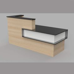 an office desk with a black top and white bottom, on a gray background the front is made out of plywood