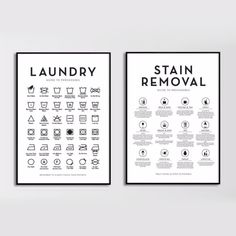 two posters with laundry symbols on them, one is black and the other is white