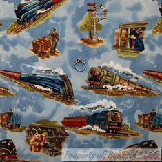 a blue and white train themed wallpaper with many different trains on the tracks,