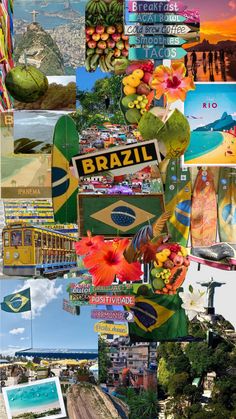 the collage has many different pictures and words on it, including an image of brazil