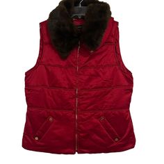 Nwot, Size: L, Color: Candy Apple Red, Sleeveless, Zipper Closure, Padded Quilted Puffer Vest, Front Slant Pockets, Removable Faux Fur Collar W/Button & Loop Attachments, Lined, One Of The Elastic Loops At The Removable Collar Has Come Undone; As Pictured; One Side Just Needs To Be Re-Attached-Selling As Is, Fabric Has A Sheen To It, 100% Polyester, Faux Fur: 80% Modacrylic/20% Polyester, Padding: 100% Polyester, Lining: 100% Polyester -Price Is Firm Smoke Free Home, No Trades/No Holds, Measurem Color Candy, Removable Collar, Quilted Puffer Vest, Candy Apple Red, Come Undone, Apple Red, Candy Apple, Faux Fur Collar, Puffer Vest