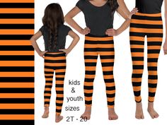 Orange and black Halloween striped kids toddler & youth Halloween soft, stretchable and comfortable athletic leggings. Children Sizes: 2T-20. Great for trick or treat, Cosplay costume, exercise, themed events, conventions, Birthday party, as a gift or as a comfortable everyday wear. Sturdy, premium quality, won't fade after washing, perfect for very active kiddos.  Leggings are made from premium quality super smooth, soft and very comfortable fabric which is stretchy, light, durable, breathable Teen Halloween, Cosplay Clothes, Halloween Leggings, Toddler Leggings, Orange Leggings, Spandex Pants, Themed Events, Black Halloween, Leggings Kids