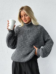 Woman Thick Yarn High Neck Casual Style Regular Fit Winter Warm Sweater Grey Casual  Long Sleeve Knitwear Plain Pullovers Non-Stretch  Women Clothing, size features are:Bust: ,Length: ,Sleeve Length: Grey Colour Suit, Fleece Tights, Warm Sweater, Thick Yarn, Drop Shoulder Sweaters, Round Neck Sweatshirts, Sweater Grey, Flare Leg Pants, Knitwear Men