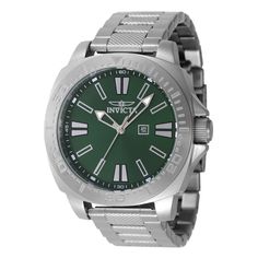 This eye-catching Invicta watch from the Speedway collection is powered by an accurate Quartz movement, with a steel case. Its face is decorated by a green, brass dial, and protected by a sturdy Flame Fusion Crystal. A steel, band completes this timepiece that can resist water for up to 50 m. Conveying time with the utmost sophistication while keeping in mind the needs of the active sportsman, the Invicta Speedway collection will effortlessly transpose into any journey. An asset to any activity, Modern Green Watch With Rectangular Dial, Green Chronograph Watch With Rectangular Dial, Green Chronograph Watch With Analog Round Dial, Green Automatic Watch Accessories With Rectangular Dial, Green Watches With Rectangular Dial And Analog Display, Modern Green Analog Watch Accessories, Modern Green Watch Accessories With Rectangular Dial, Green Watch With Analog Display And Round Dial, Green Watches With Analog Display