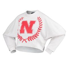 Go all out on expressing your passion for the Nebraska Huskers with this Laurels Crop T-shirt. Its big, bold Nebraska Huskers graphics printed on the front and back make your team devotion undeniable. The drop shoulder sleeves also allow you to move around more freely and comfortably. Brand: Spirit Jersey Crew neck Distressed details for a vintage look Drop shoulder fit Hem with raw edge Imported Long sleeve Low-puff details for a raised look and feel Machine wash, tumble dry low Material: 100% Varsity Tops For Fall Sports Events, Varsity Tops For Sports Events In Fall, Varsity Style Tops For Fall Sports Events, Fall Varsity Style Tops For Sports Events, White Varsity Moisture-wicking Tops, Varsity Long Sleeve Top With Logo Print, Sporty Fall College Tops, Sporty Tops For College In Fall, Sporty Fall Tops For College