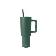 a green cup with a straw sticking out of it