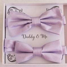 "Bow tie set for daddy son Daddy me gift set Father son match Handmade kids Adult bow Adjustable pre tied bow tie Bow Color: Lilac Father's bow: Bow size: 5\" (width) and 2.5\" (height)  Neck Size (Adjustable): (11'' - 19'')   Son's bow : Bow size: 4\"(width) and 2\" (height) Neck Size (Adjustable): (10\"- 17\")  Box Size:  5\" x 6\" The color of Note Card Paper: White (custom order accepted) Email us for further customization options & details." Lilac Wedding Themes, Gold Bow Tie, Toddler Bow Ties, Purple Bow Tie, Pink Bow Tie, 19 Kids, Kids Bow Ties, Custom Bows, Bow Bow