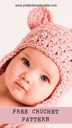 a baby wearing a crochet hat with the words free crochet pattern