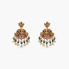 two pairs of gold earrings with green and pink stones on the bottom, one has an elephant